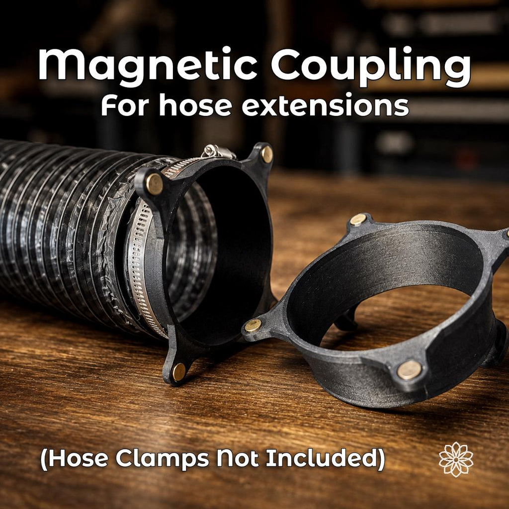 Link 2 Link magnetic hose coupler shown separated beside flexible diesel heater ducting, demonstrating the magnetic quick-connect interface for extending hose runs.