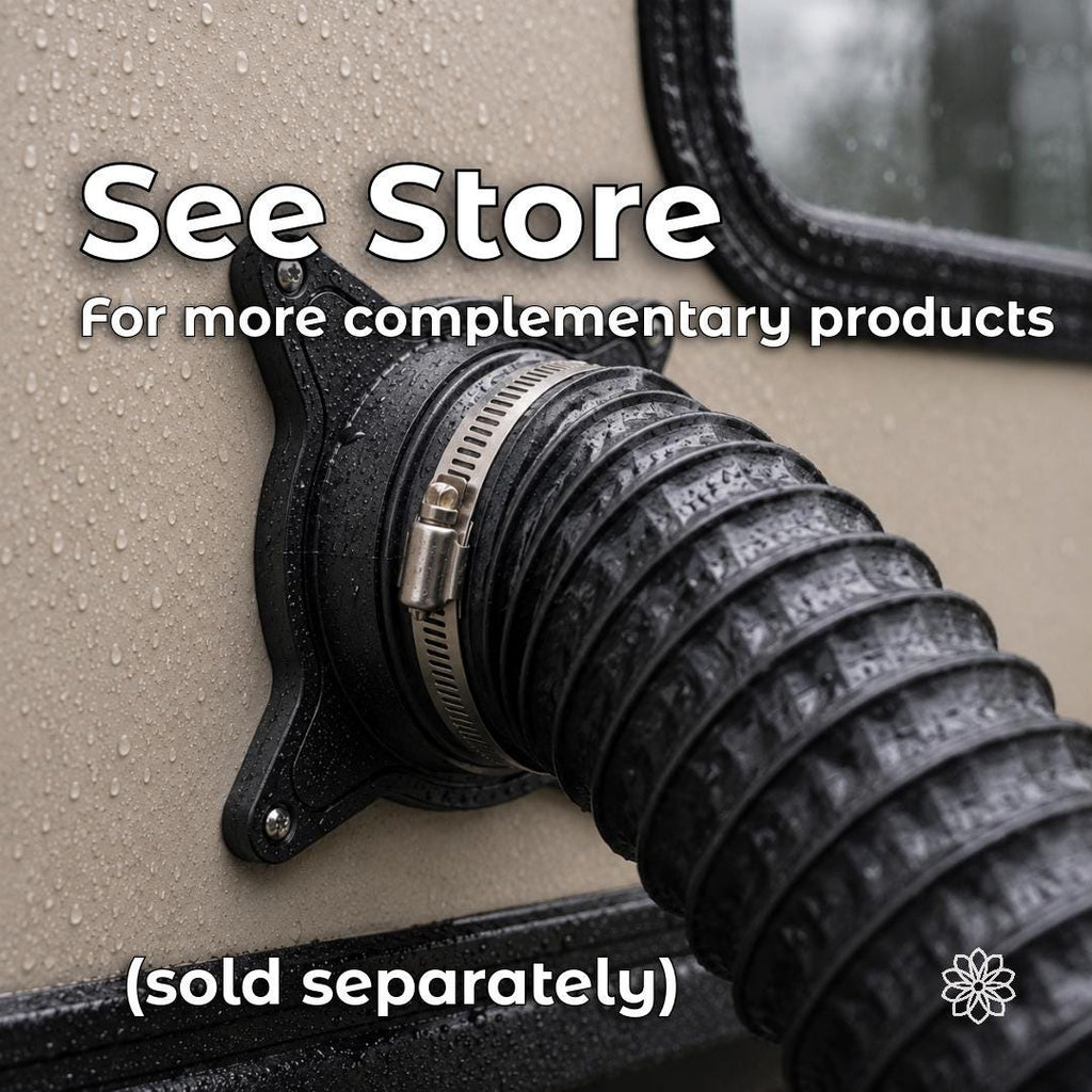 Diesel heater duct hose connected to an Aetherium exterior vent link on a wet vehicle surface, promoting complementary modular heating accessories sold separately.