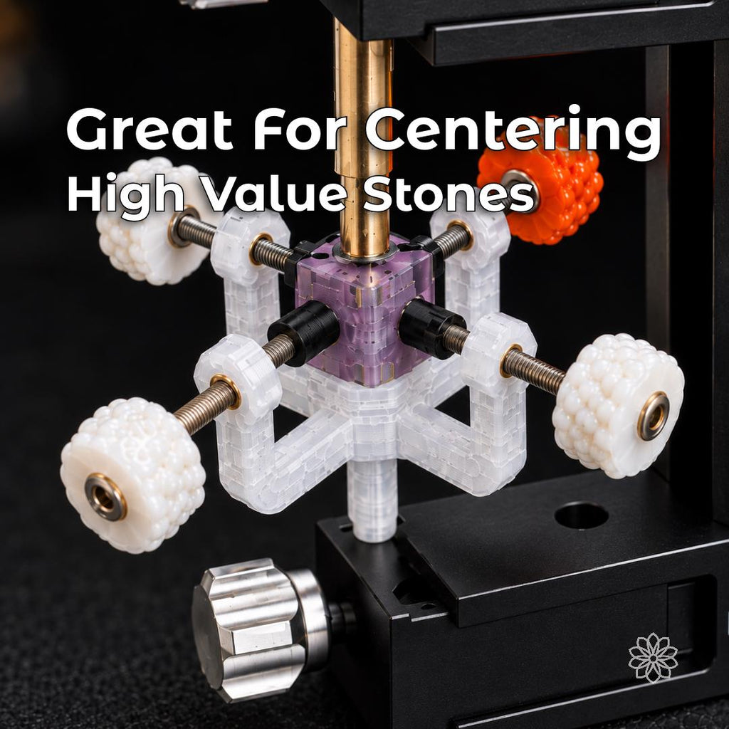 Close-up of the Gem-Axis v3 stone alignment jig centering a faceted gemstone, highlighting controlled positioning for high-value stones.