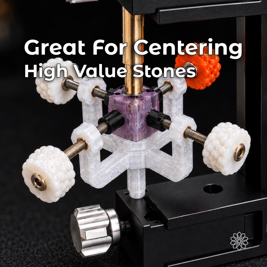 Close-up of the Gem-Axis v3 stone alignment jig centering a faceted gemstone, highlighting controlled positioning for high-value stones.