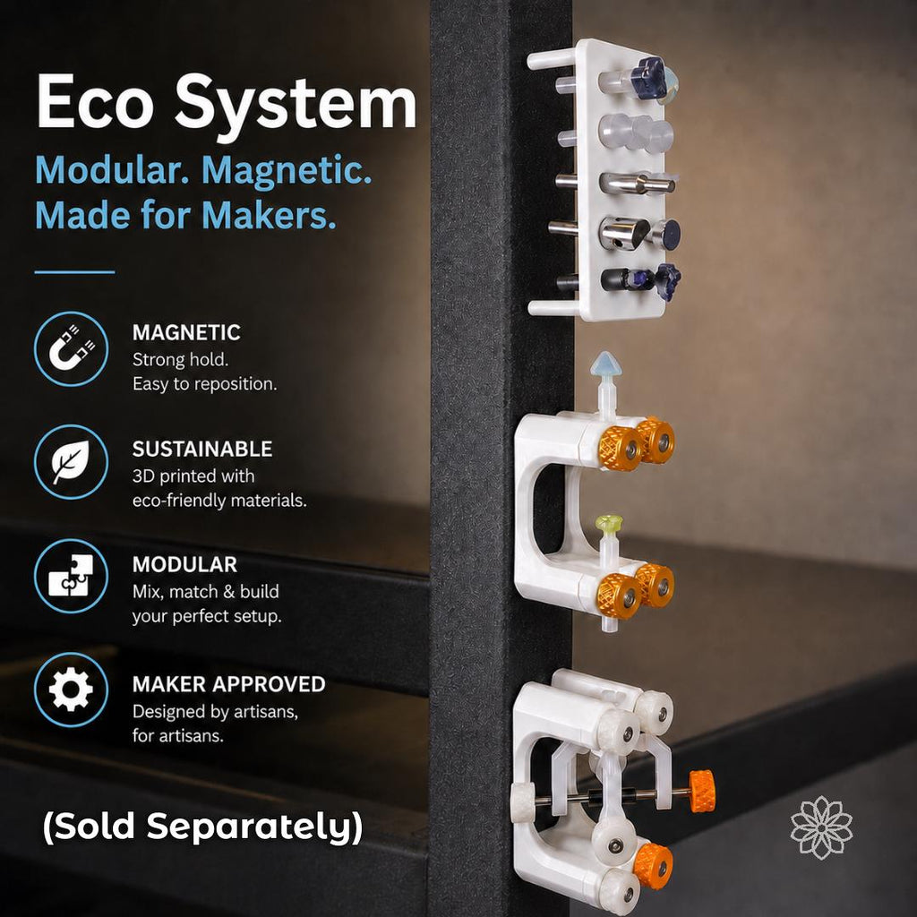 Aetherium lapidary tools and accessories displayed on a magnetic workspace organizer, emphasizing a modular tool ecosystem for makers and gem cutters.