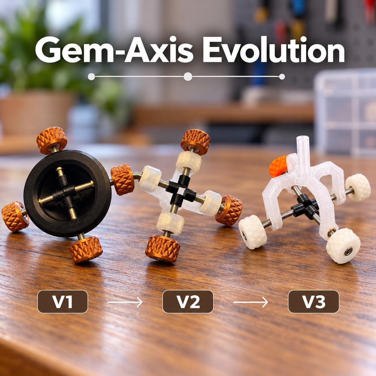 Gem-Axis stone alignment tool evolution from V1 to V3, showing the progression from the original enclosed black prototype to the open four-axis V2 design and the refined V3 frame with improved access, stability, and adjustable stone positioning.