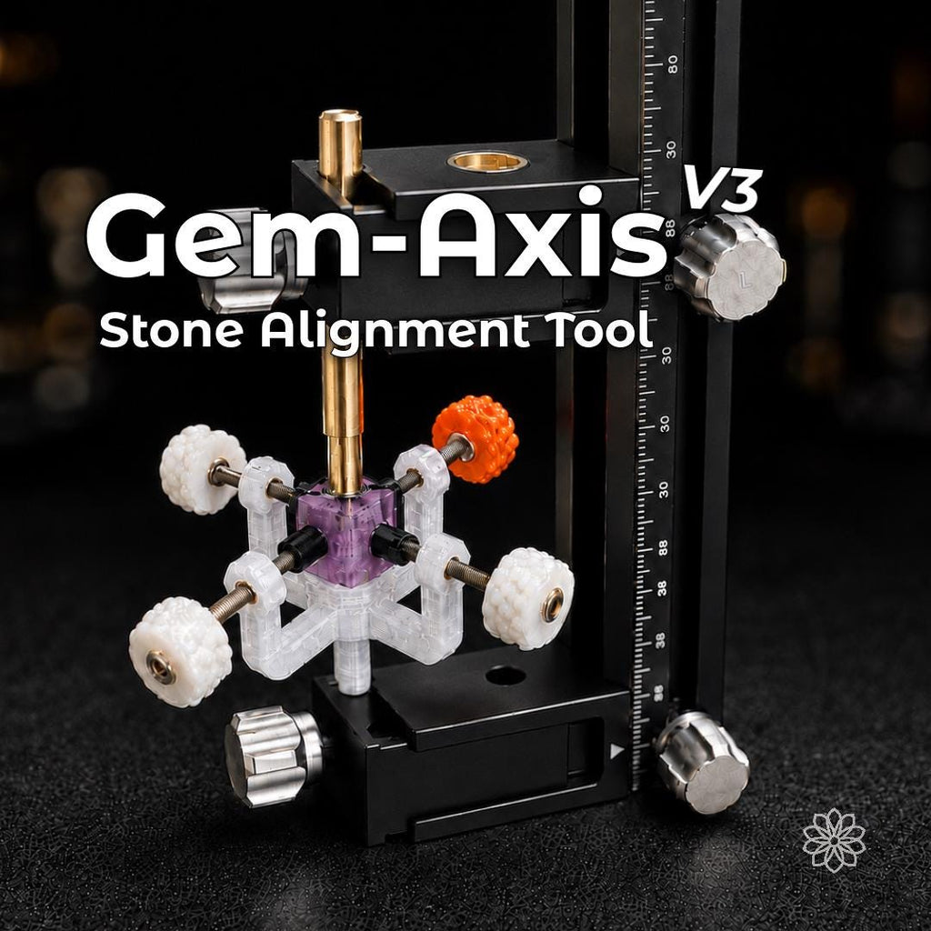 Aetherium Gem-Axis v3 stone alignment tool mounted on a vertical support stand, holding a gemstone for precision centering and dopping alignment.
