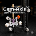 Aetherium Gem-Axis v3 stone alignment tool mounted on a vertical support stand, holding a gemstone for precision centering and dopping alignment.