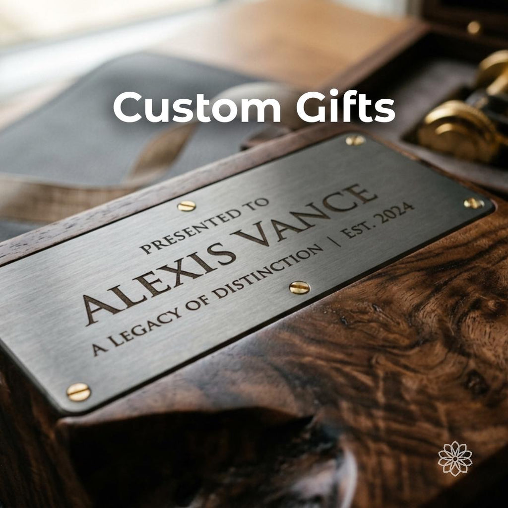 Custom CNC machined wood presentation gift with engraved metal plaque, showing personalized fabrication for awards, keepsakes, commemorative pieces, and custom gifts.