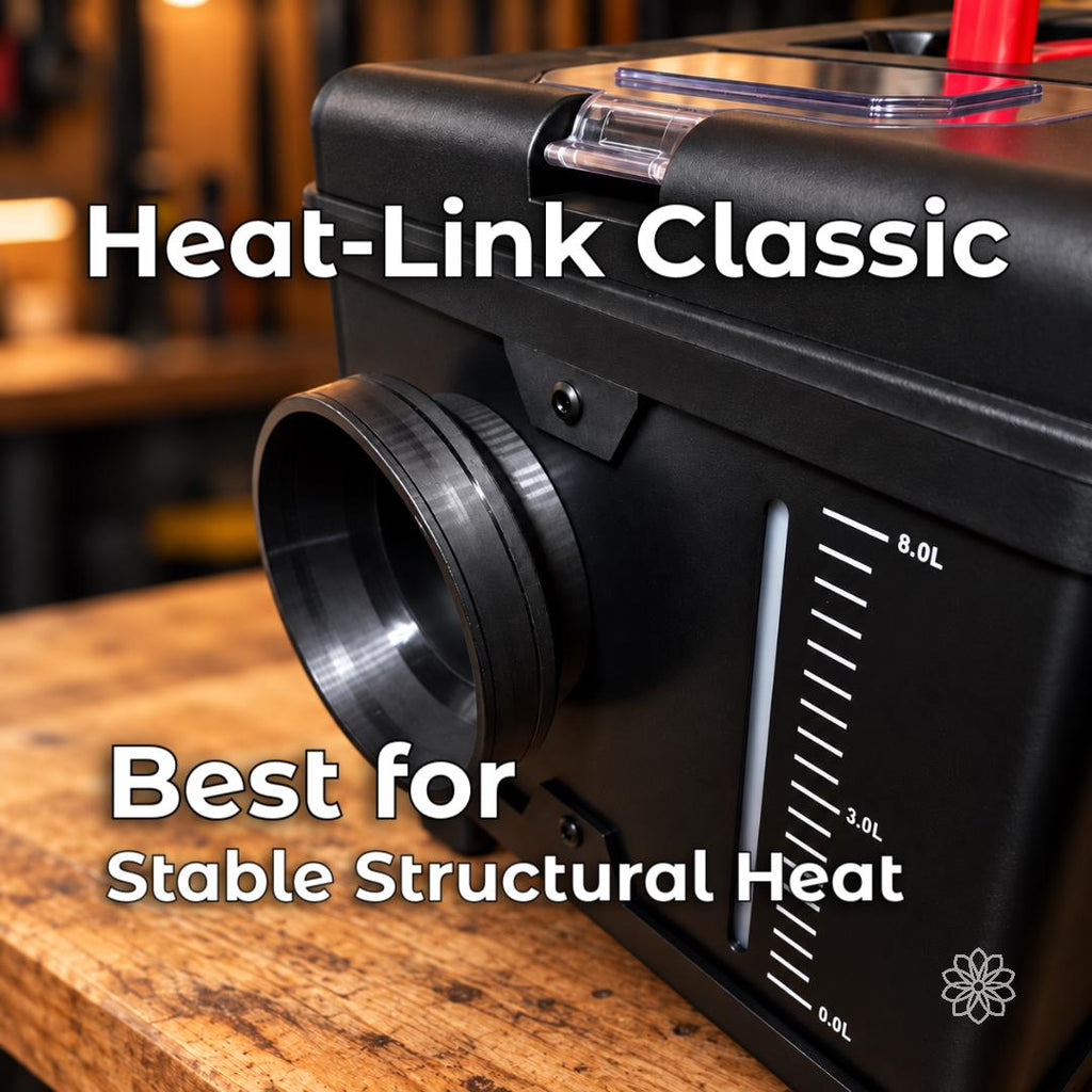 Heat-Link Classic diesel heater adapter installed on a portable heater outlet. The fixed friction-fit coupler is designed for stable structural heat and permanent or semi-permanent 4 inch duct connections.