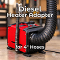 Portable diesel heater fitted with a black 4 inch hot air hose using an Aetherium duct adapter. Product image identifies the adapter as a diesel heater connection for 4 inch hose and larger ducting systems.
