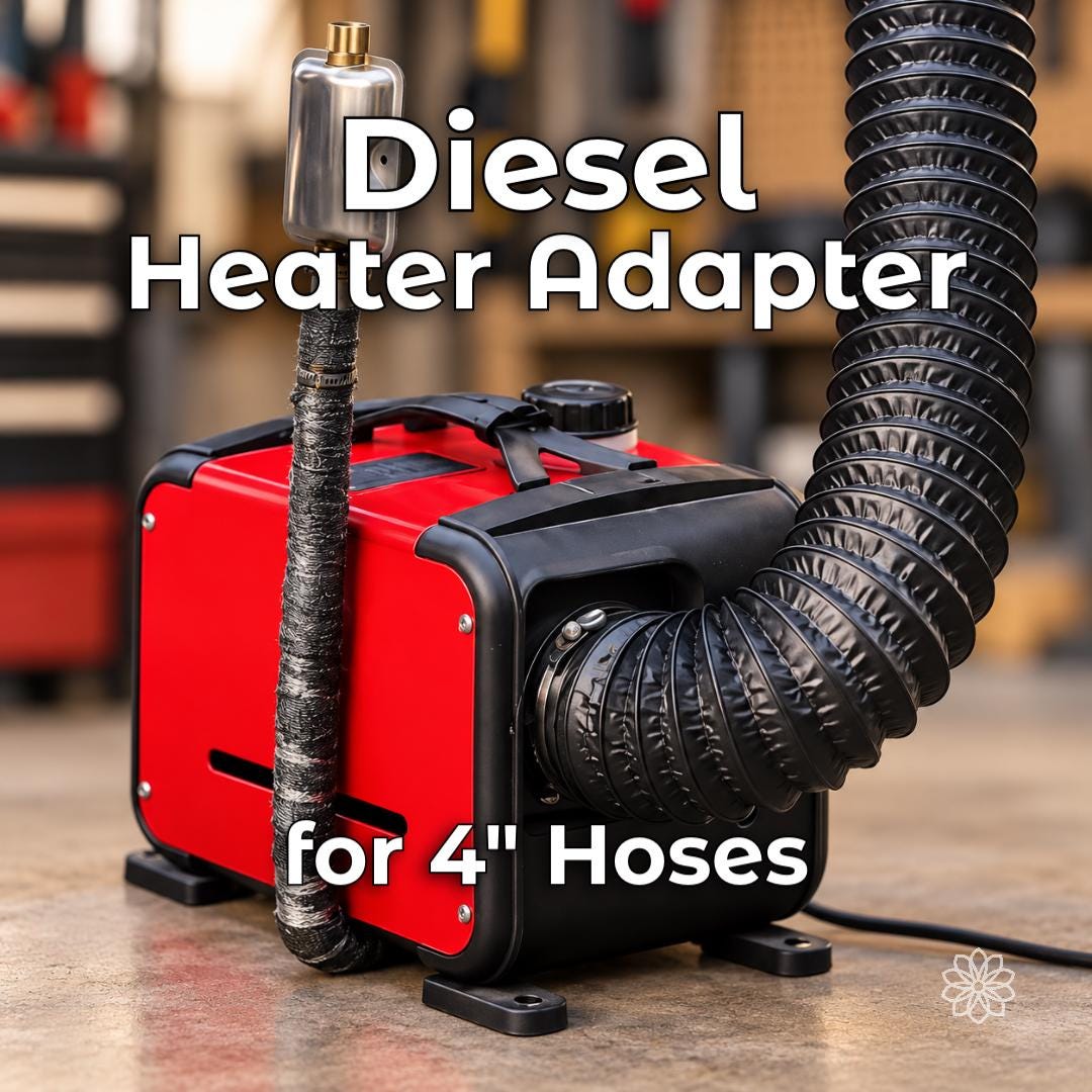 Portable diesel heater fitted with a black 4 inch hot air hose using an Aetherium duct adapter. Product image identifies the adapter as a diesel heater connection for 4 inch hose and larger ducting systems.
