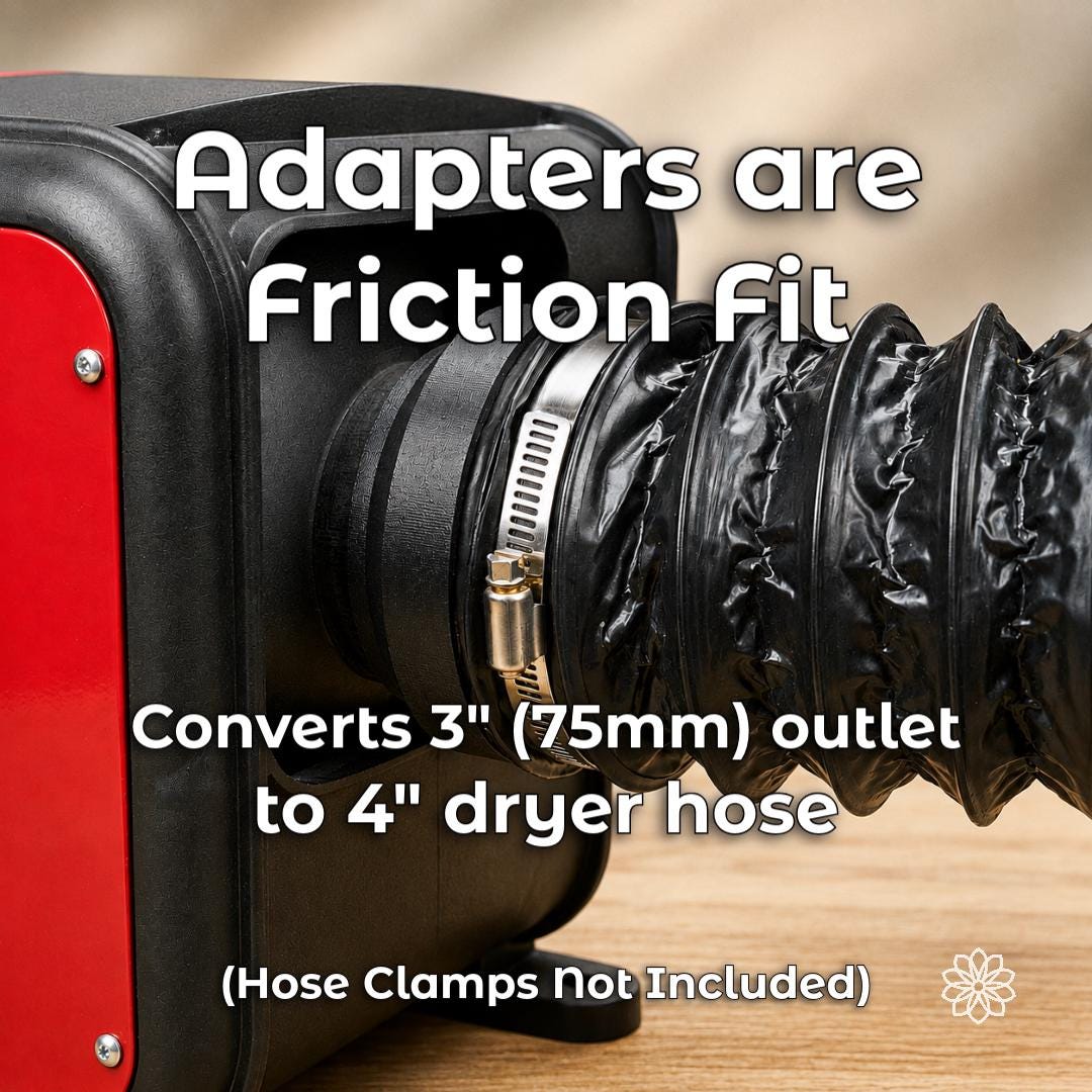 Close-up of an Aetherium diesel heater duct adapter friction-fit to a 3 inch 75 mm heater outlet and connected to 4 inch flexible dryer hose with a hose clamp. Hose clamp shown for installation reference and is not included.