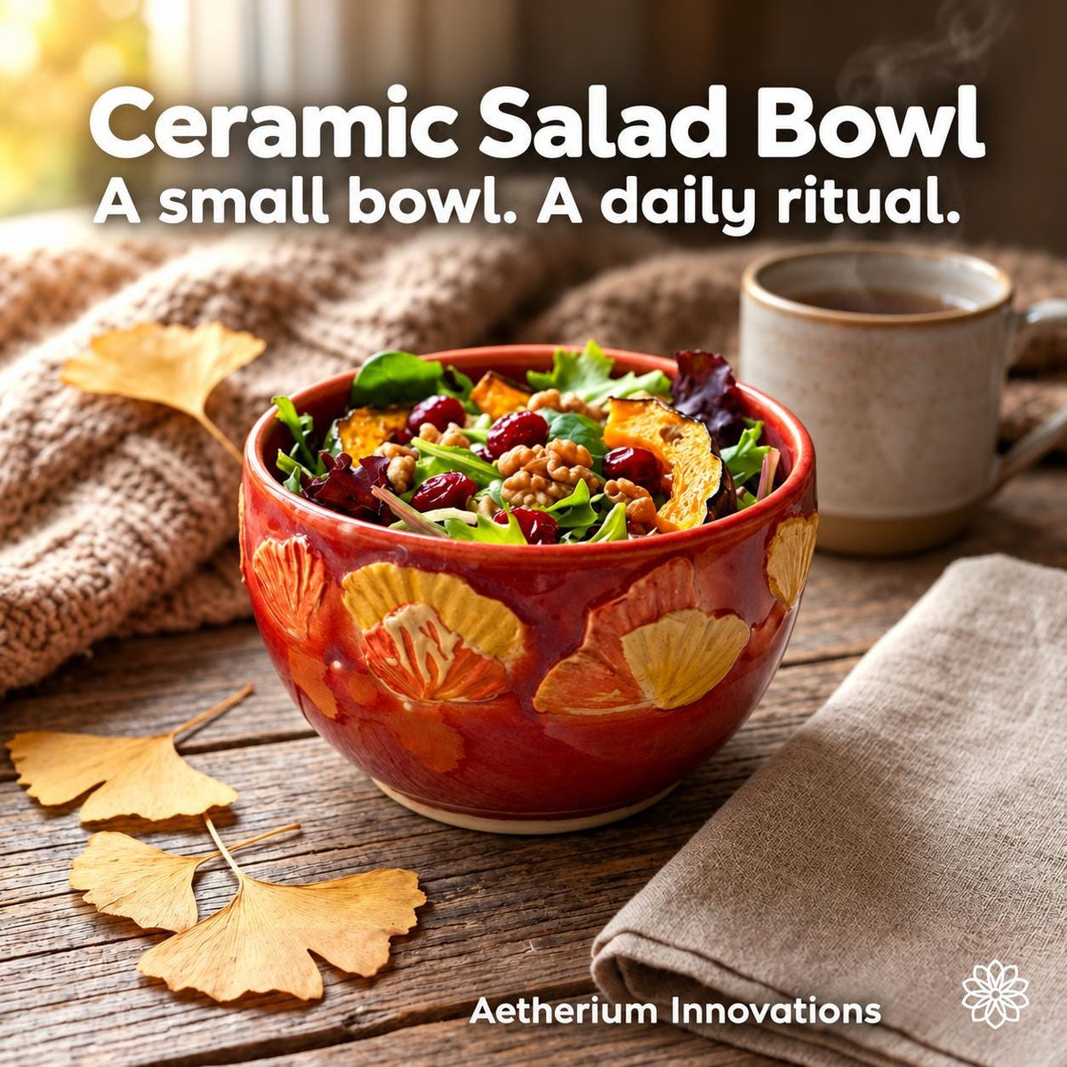 Small red ceramic bowl with carved orange and yellow leaves, filled with salad beside a mug, linen and autumn leaves. Text: Ceramic Salad Bowl. A small bowl. A daily ritual. Aetherium Innovations branding.