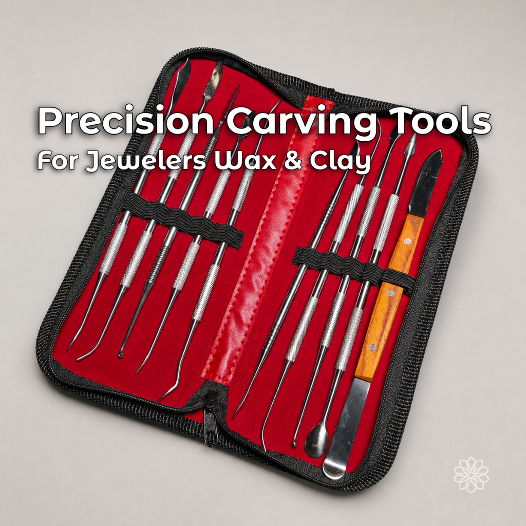 11-piece jewelry wax carving tool set arranged in an open red-lined zippered case with ten double-ended instruments and a wooden-handled wax knife