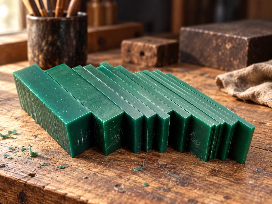 Green carving wax blocks on a wooden maker bench
