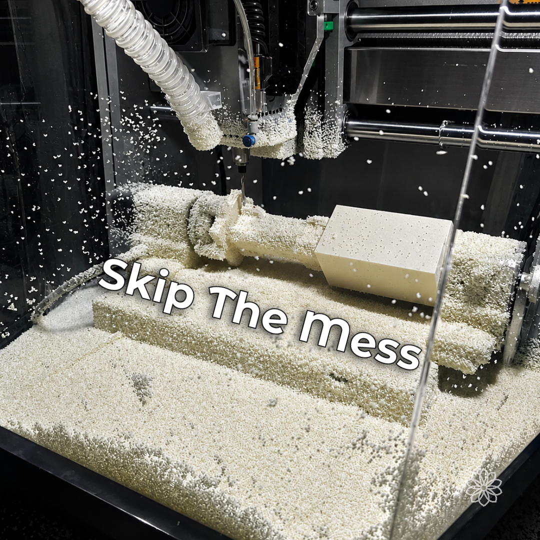 Desktop CNC enclosure filled with white machining chips around the spindle, dust hose, workholding, and workpiece, with debris visible across the cutting area.