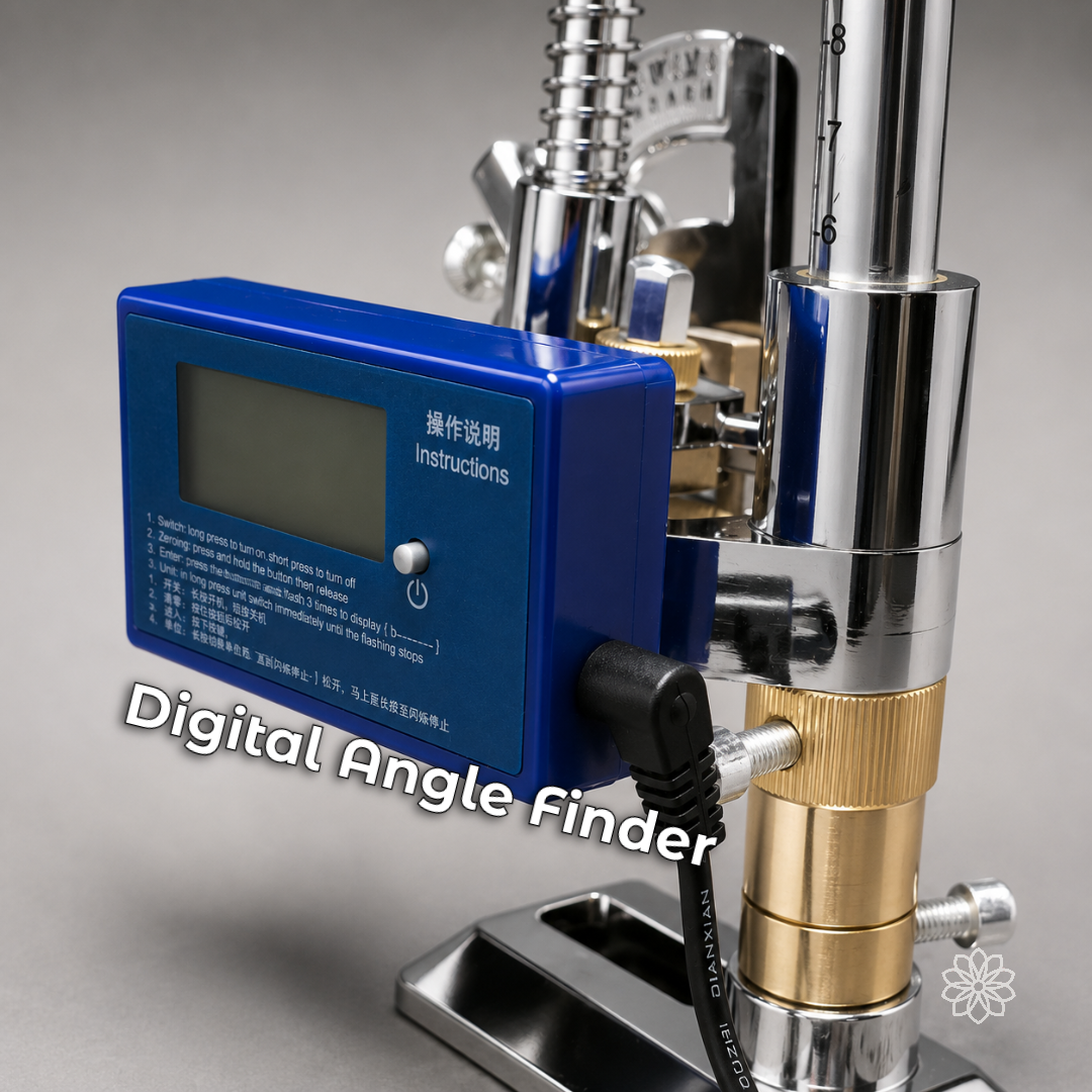 Blue digital angle finder mounted beside the polished numerical mast on the faceting assembly.