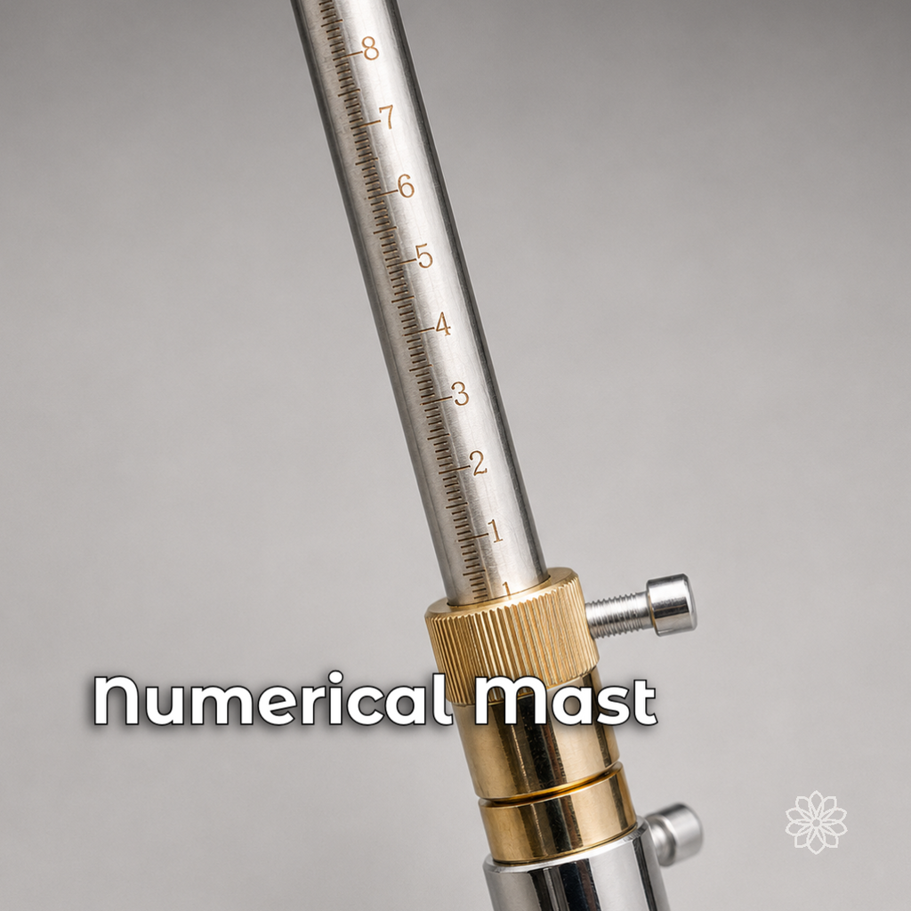 Close-up of the numerical mast scale and knurled adjustment collar on the faceting mast.