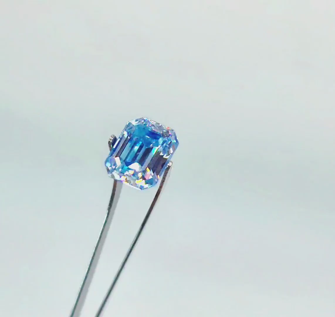 Emerald Cut Blue Moissanite: 3 ct Lab Grown Faceted Stone
