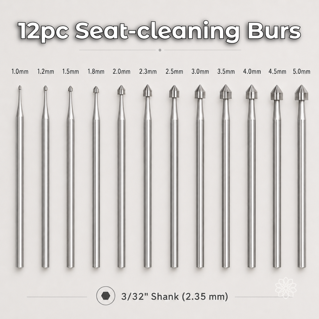 Twelve seat-cleaning burs labeled from 1.0 to 5.0 mm with 3/32-inch 2.35 mm shanks arranged by size