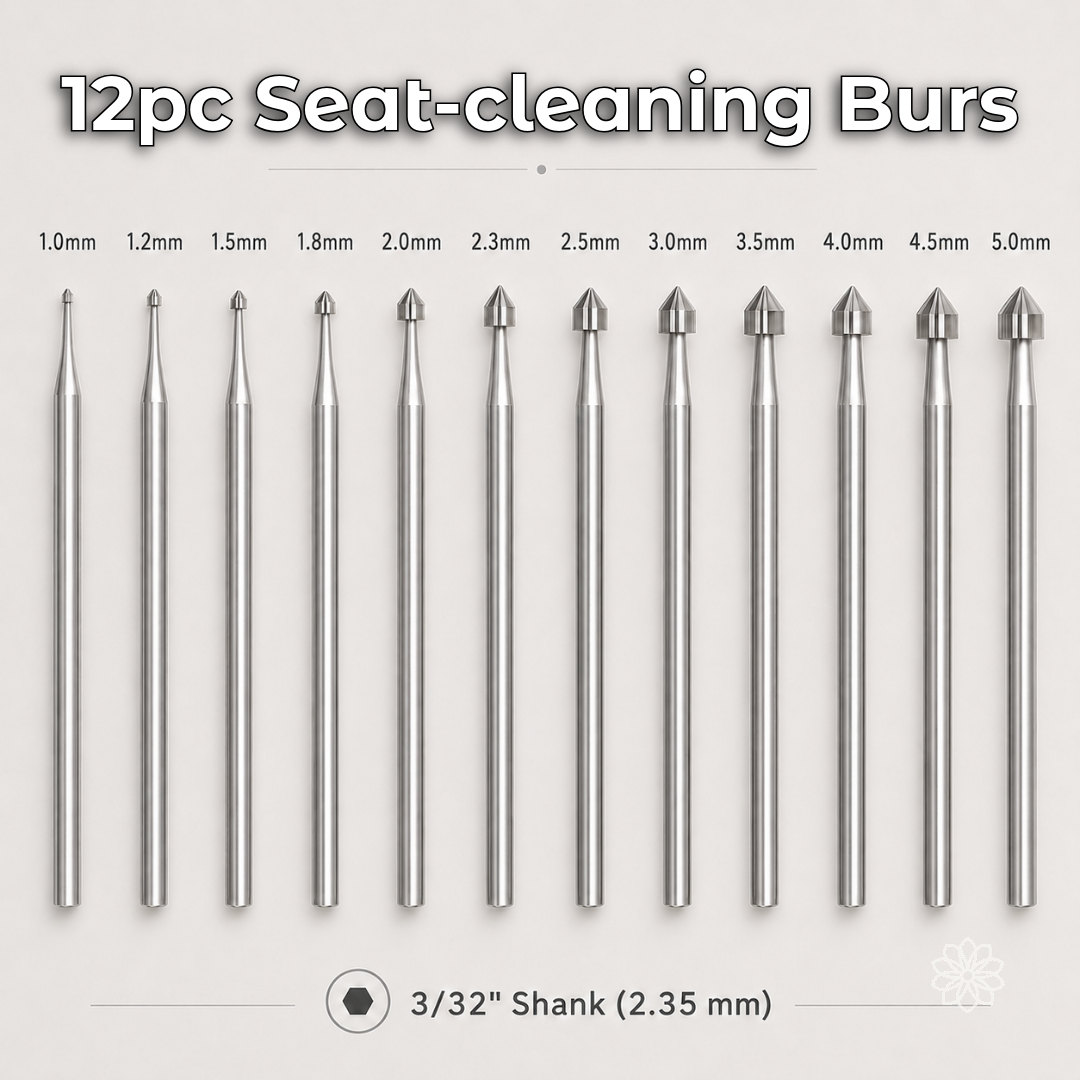 Twelve seat-cleaning burs labeled from 1.0 to 5.0 mm with 3/32-inch 2.35 mm shanks arranged by size