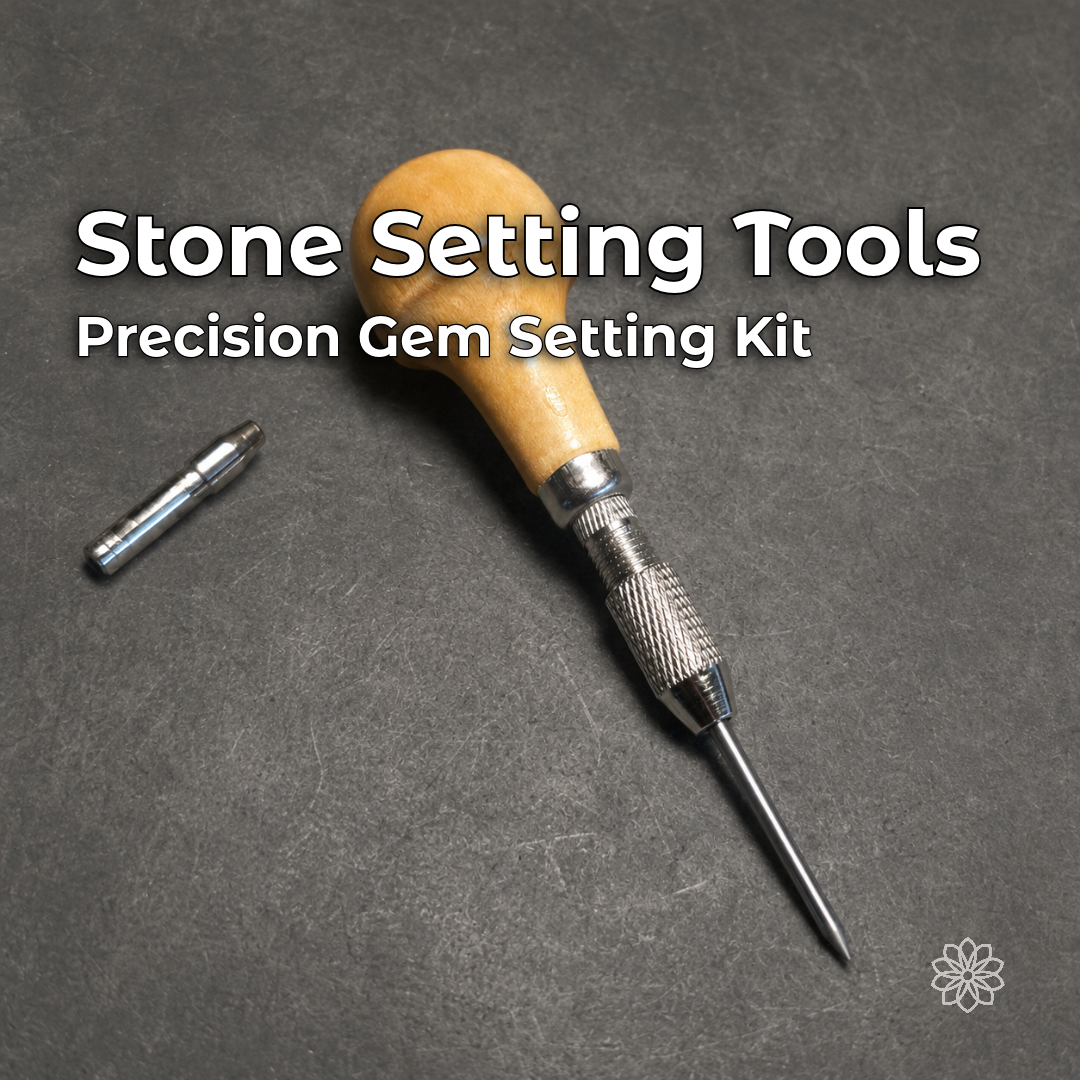 Wooden-handled stone setting tool with knurled chuck, pointed setting tip, and loose adapter collet on a white work surface